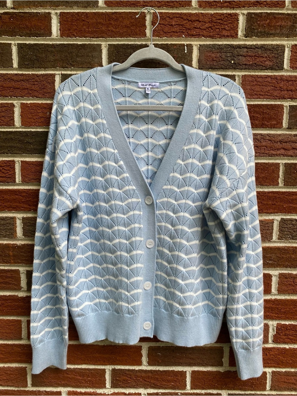 White Birch Cardigan Sweater Blue White Geometric V-Neck Button Knit Size XL